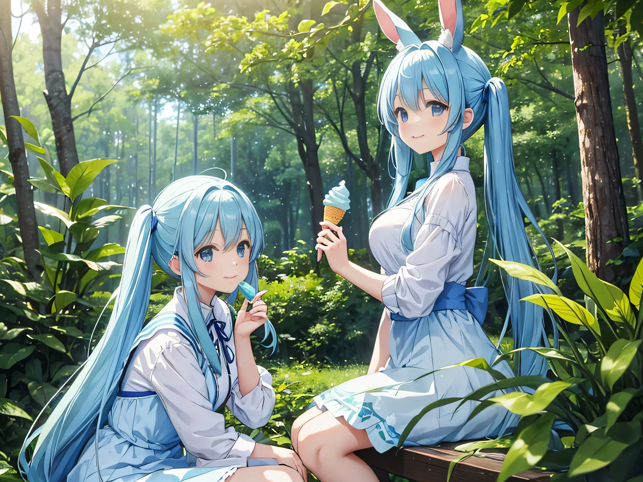 Light blue long hair、beautiful girl with twin tails、blue sky、in the forest、Enjoy a large ice cream at an orchid-filled cafe in a beautiful orchid garden、There are also forest friends such as rabbits and squirrels..、Happy smile、Cute green and white outfit