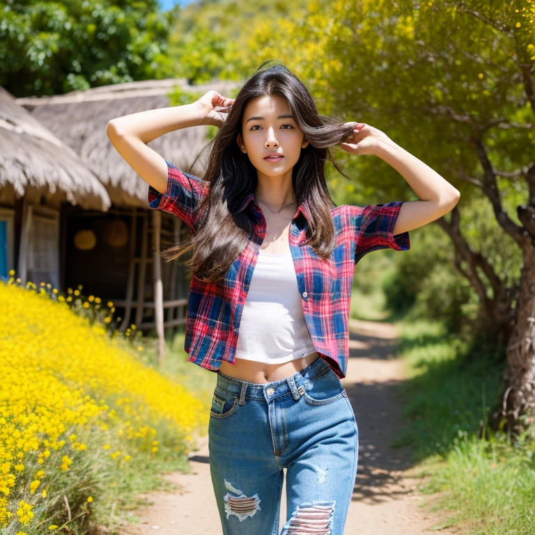 Best picture quality, Masterpiece, Ultra high resolution 8K, photograph, Asian girl wears old, ripped jeans short on her penis.; Wearing a red and blue plaid shirt. Wears a red, blue, pink plaid shirt. His stomach is strong and beautiful.;) Long hair blows up in the wind.,) Stand, walk and look straight ahead.,) Natural countryside with an old thatched hut with yellow and red flowers all around. The sunlight shone brightly.,.. Picture clarity 8k, Taken with a high quality camera 45,000,000 pixels