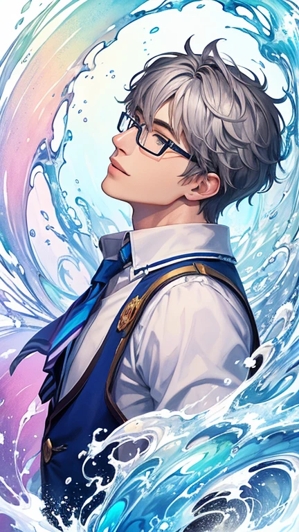 (masterpiece, highest quality, highest quality,watercolor (Moderate),Official Art, beautifully、aesthetic:1.2),(One man:1.3), (Fractal Art:1.3),Upper Body, from the front, View your viewers,pattern,(very short hair,Rainbow Hair,colorful hair,half blue、Half grey hair:1.2),water,liquid, cloud,colorful, Starry sky,universe,performer,20-year-old male,Beautiful handsome man,Glasses,manly face,Stocky shoulders,White clothes,Beautiful fantasy clothes、smile