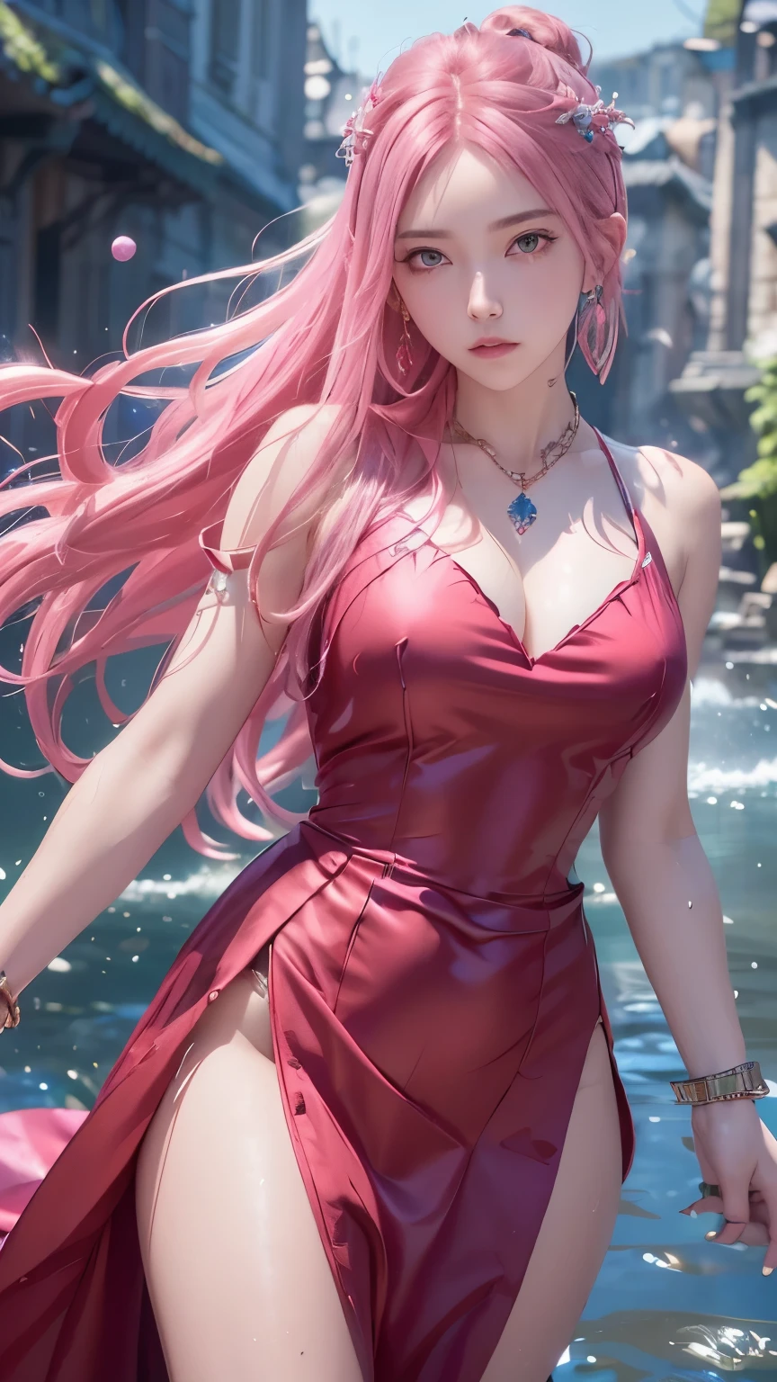 (logo、masterpiece、8k、Tabletop、RAW Photos、wonderful、最high quality、フォトリアルでVery detailedなCG統合8k壁紙、high quality、Very detailed、Narrative poem、Particle Effects、Dynamic Effects、Depth of text、Cinematic Light、Lens flare、Ray Tracing）、Fantasy、（One girl, arms, sword, Long Hair, dress, water, alone, jewelry, red dress, Earrings, hair ornaments, waterしぶき, Ultra-realistic upper body, Hair Bun, Pink Hair, Realistic city background, Lighting,Frank