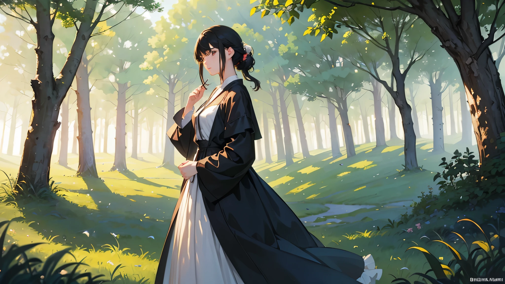 (highest quality、High resolution、masterpiece)、(Anime Art 4k)、(Photorealistic)、 (whole body)、(1 person)、20-year-old woman、(Woman standing on hill with book in hand)、Beautiful Face、 (Facial detailing)、Black Hair、 short hair、 Beautiful Hair、(Put your hair up、Combing hair)、Soft Light、Countryside painted on a foggy morning、Create a fantastic scene in a misty meadow on a calm morning。Draw delicate and blurry brushstrokes、Capturing the elusive nature of fog、Further enhance the calm atmosphere of the countryside、(Sargent-style watercolor)、(Edmund Leighton Style)、