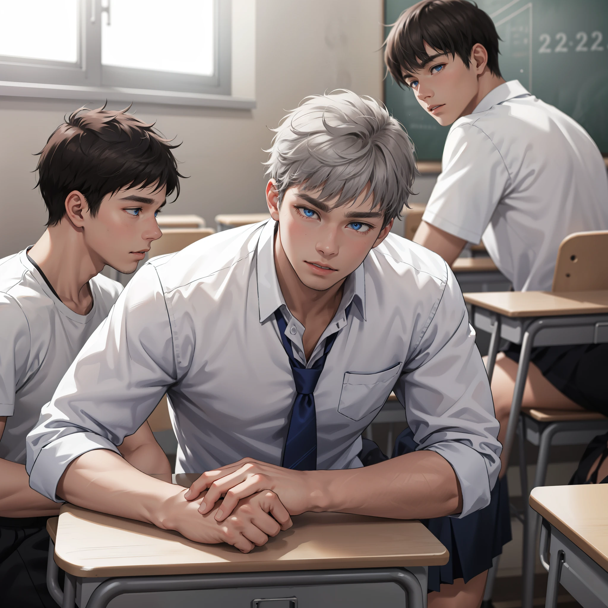 Male adolescents of with brown Latin skin and gray hair, blue eyes, white shirt are in the school classroom talking something