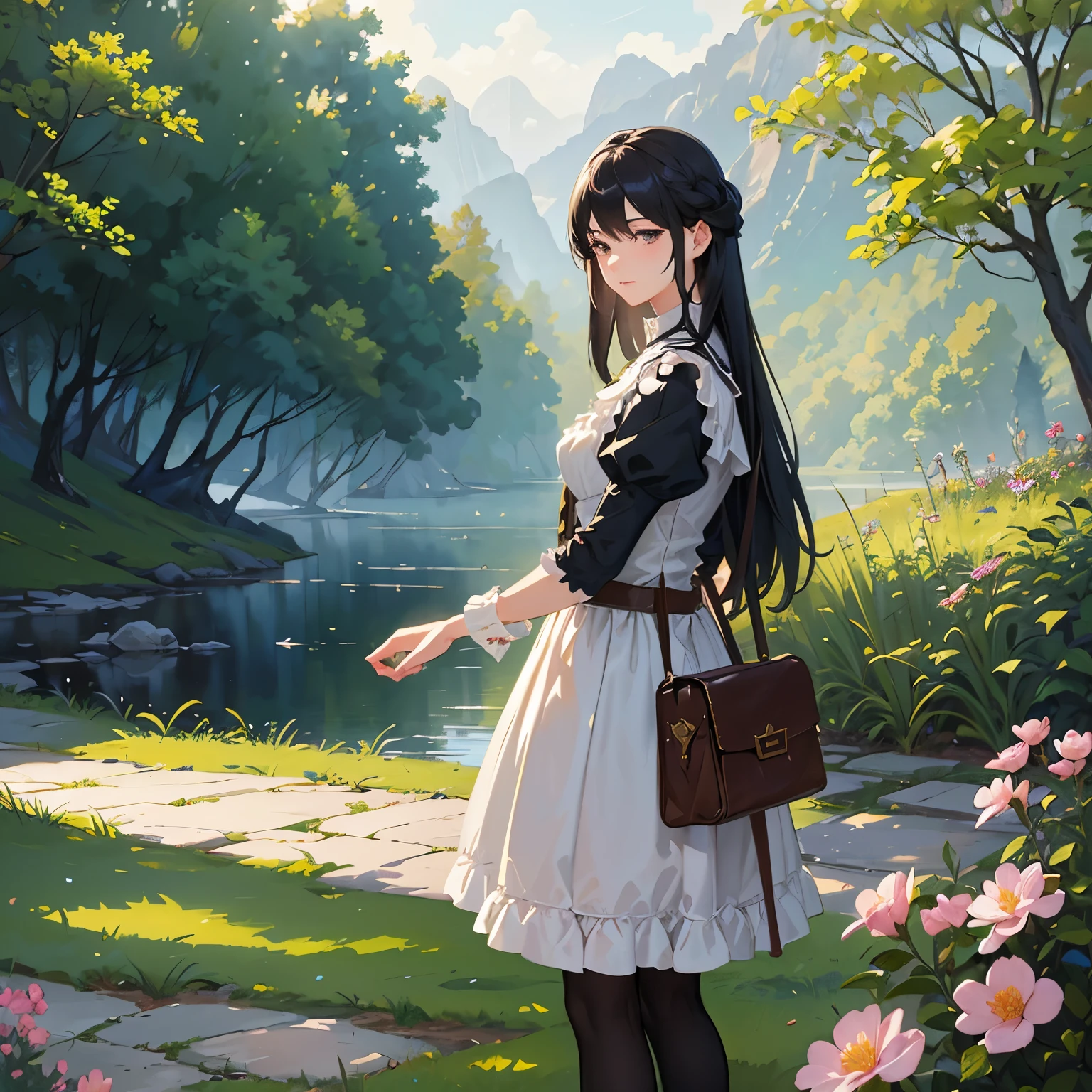 (highest quality、High resolution、masterpiece)、(Anime Art 4k)、(Photorealistic)、(Adventure Story)、Portraiture、 (whole body)、(1 person)、20-year-old woman、(Woman standing on hill with flowers in hand)、Beautiful Face、 (Facial detailing)、Long-term、Black Hair、 short hair、 Beautiful Hair、Shiny Hair、(Style your hair、Combing hair)、Skin Texture、Slim figure、Proudly、Small breasts、(Adventure Travel Outfit)、lace up bodice dress、Peasant style outfit、steampunk、Cinema Lighting、Ray Tracing、Soft Light、Landscape painted on a foggy morning、outside of home、Nice views、Lake and mountains in the distance background々、(Sargent-style watercolor)、(Edmund Leighton Style)、