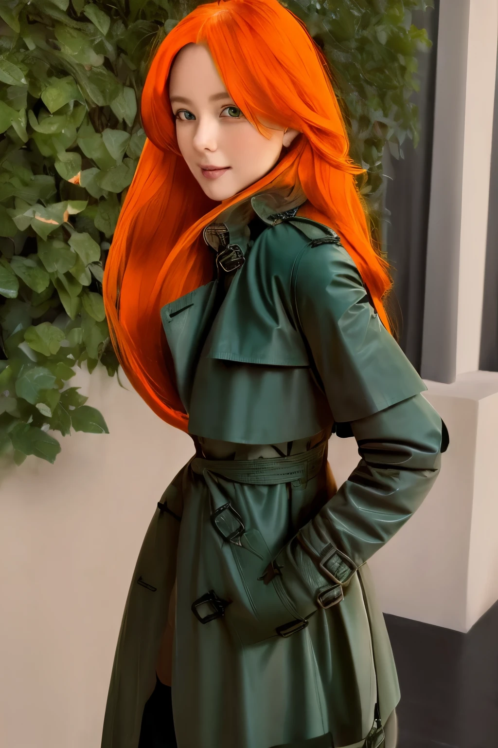 (8k, Top quality, masterpiece:1.2), (Practical, photoPractical:1.37),(Super Detail:1.5), (A Chinese girl:1.2), (Very detailed:1.4),(Beautifully detailed deep green eyes:1.3), (Exquisitely detailed dark green eyes :1.3),(Super Detailed:1.5), (masterpiece:1.2), (Delicate face:1.age:1.5), (Orange Hair, Long hair:1.9), (breast:1.3),(Perfect lighting:1.5), Standing,(orange Long hair:1.9), (Police background:1.3),(The soft spring sunshine:1.5),(Dark green trench coat:1.9),(Tender green tie),(Light green tie),(White shirt:1.4), (Black high-waisted straight leg jeans :1.5), (Black knee-high leather boots:1.4), (Black over-the-knee leather boots :1.4),