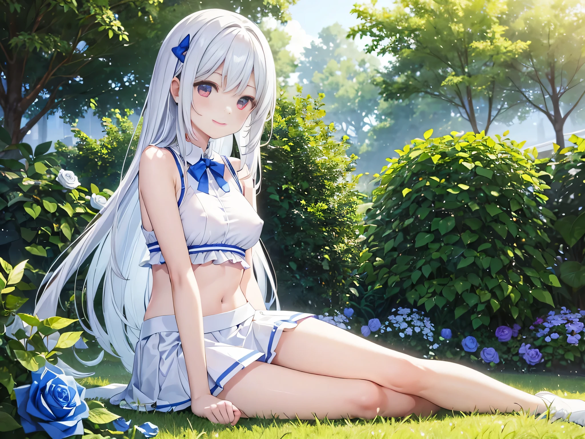 Masterpiece, Best Quality, focal length 40mm Shy watercolor photo (medium), 1 girl, long hair, silver hair, blue eyes, cute,, slightly tilting the head, smiling slightly, looking at the other person, looking UP, VERY BEAUTIFUL DETAILED ANIME EYES, BLUE RIBBON, DRESS SHIRT, WHITE LACE DRESS, STRIPED FABRIC, SILVER EYES, BLUE RIBBON, LONG UPPER BODY, THE BEST DETAILED AND COMPLEX CG, BLUE SKY, striped pink , sit on the stairs, cute white pumps with pink ribbon,  is fully visible, dynamic angle,