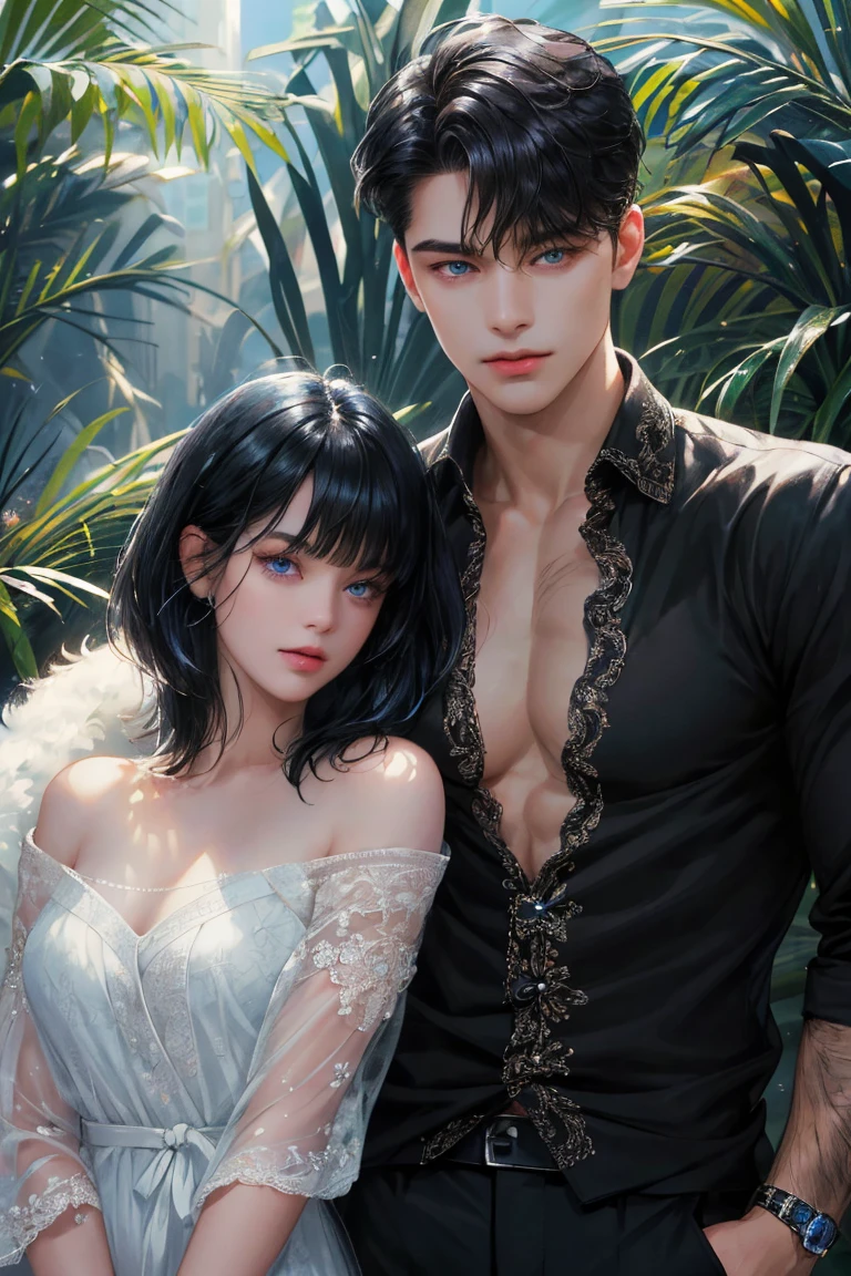 (absurdly , high quality , masterpiece , ultra detailed), ( detailed to hand ) (detailed to eyes) (detailed to face) , couples, 1 man (short black Quiff hair with Soft Fringe, bangs part on side 3:7 ratio) shirtless and 1 woman (short black hair with fringe) love ,pretty eyes (blue eyes) , black hair, fantasy, detailed background, soft light. Both naked