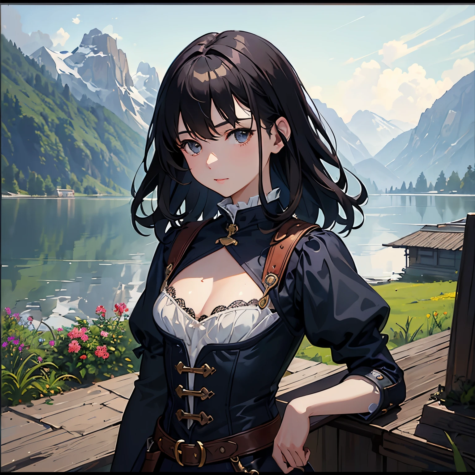 (highest quality、High resolution、masterpiece)、(Anime Art 4k)、(Photorealistic)、(Adventure Story)、Portraiture、 (whole body)、(1 person)、20-year-old woman、(Woman standing on hill with flowers in hand)、Beautiful Face、 (Facial detailing)、Long-term、Black Hair、 short hair、 Beautiful Hair、Shiny Hair、(Style your hair、Combing hair)、Skin Texture、Slim figure、Proudly、Small breasts、(Adventure Travel Outfit)、lace up bodice dress、Peasant style outfit、(steampunk)、goggles、Cinema Lighting、Ray Tracing、Soft Light、Landscape painted on a foggy morning、outside of home、Nice views、Lake and mountains in the distance background々、(Sargent-style watercolor)、(Edmund Leighton Style)、