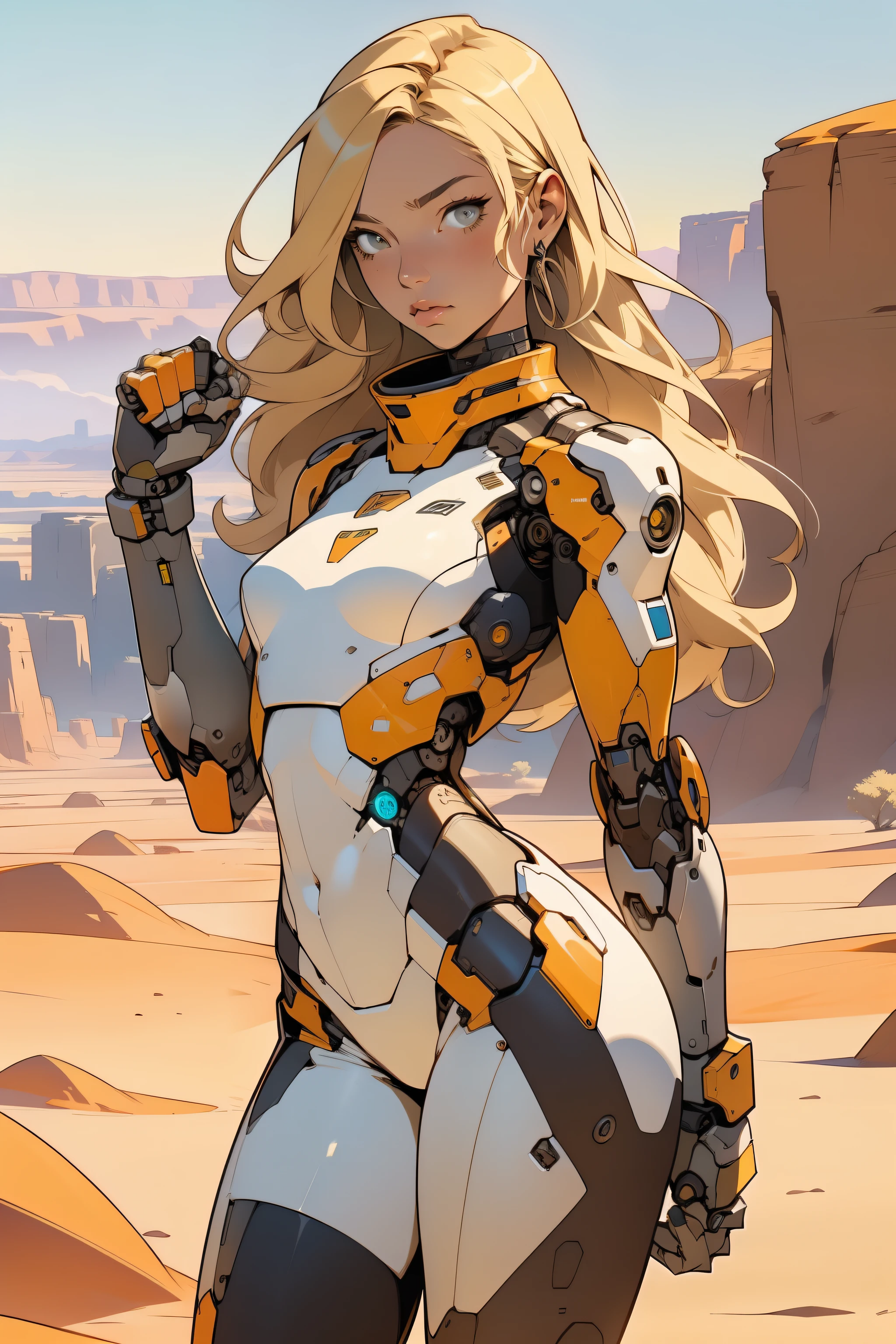 high quality, 4k, masterpiece, beautiful, cyborg girl, cowboy shot, dull eyes, front, looking at viewer, long blonde hair, girl, small breasts, fit thighs, robotic arms, robotic body, cyborg body, white & yellow uniform, orange accent, intricate detail, joint, detailed lines, robotic detail, holding fist up, holding hand up as fist, color robotic parts, robotic parts with color, perfect fingers, on a desert planet, sunny background, colorful desert, a river or a lake in the background, slender thighs, skinny thighs,