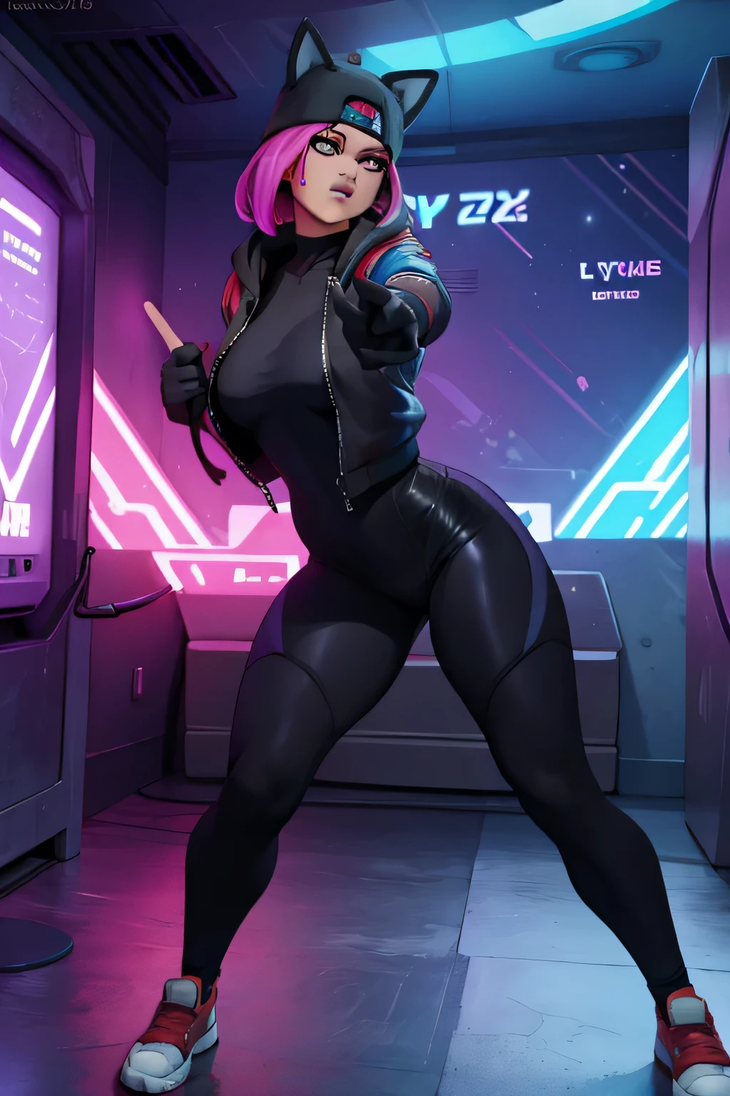 Gaming Zone Lynx chaqueta Negro, guantes sin dedos, Leggings negros, ojos finos, neon, dynamic pose