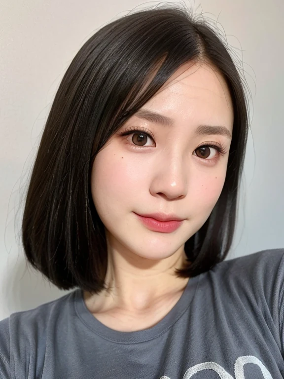 (kawaii 24 year-old Japanese girl, Nogizaka idol, Korean idol), (glossy black hair, messy very short hair, messy pixie cut, symmetric hair length, even length hair edges:1.3), (forehead), (extra rounded face, black eyes, single eyelid, no makeup, soft smiling:1.2), (wearing light blue t-shirt:1.3), (flat chest, extra small breasts:0.8), (looking at viewer:1.2), BREAK, (simple white background:1.3), (angle from below, portrait:1.3), BREAK, (masterpiece, best quality, photo realistic, official art:1.4), (UHD, 8K quality wallpaper, high resolution, raw photo, golden ratio:1.2), (shiny skin), professional lighting, physically based rendering, award winning, (perfect anatomy, highly detailed skin, extremely detailed face and eyes), Carl Zeiss 85 mm F/1.4, depth of field, 1girl, solo,