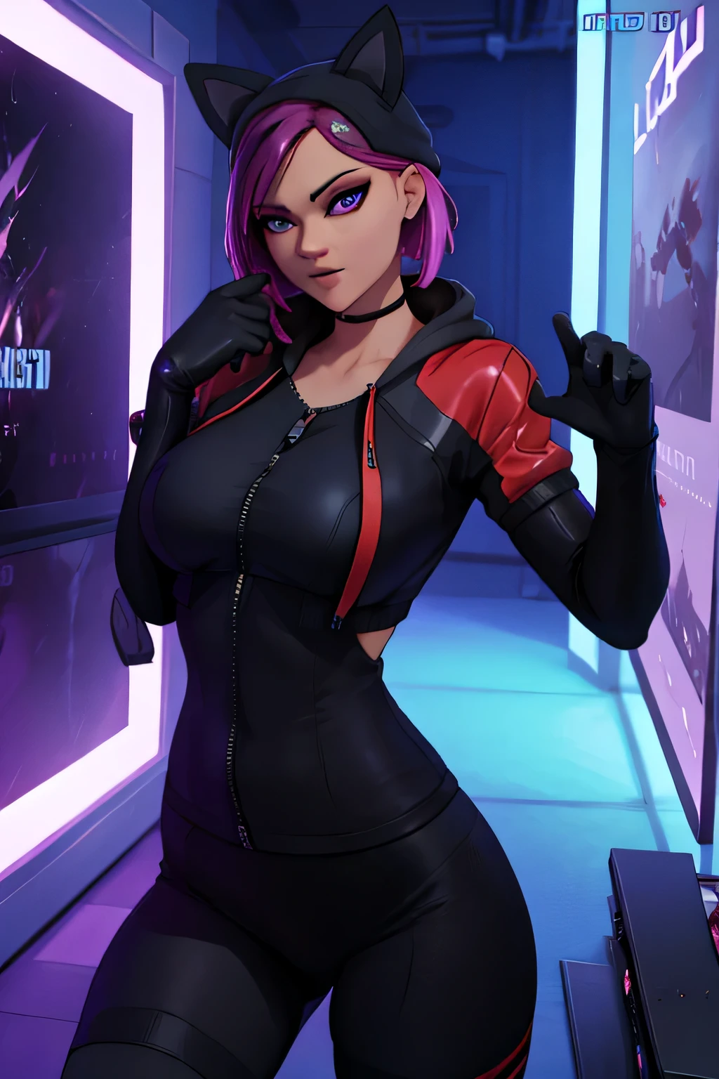 Gaming Zone Lynx chaqueta Negro, guantes sin dedos, Leggings negros, ojos finos Claros , neon, pose heroico