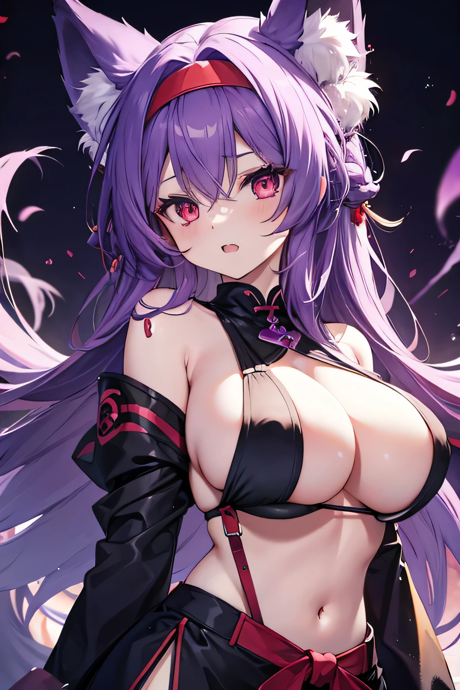 Fox Girl, ?????????????, Purple Hair, masterpiece , Red eyes, hd, Head to ?????, buried in my ?????、Underboob、black headband on head、Double teeth
