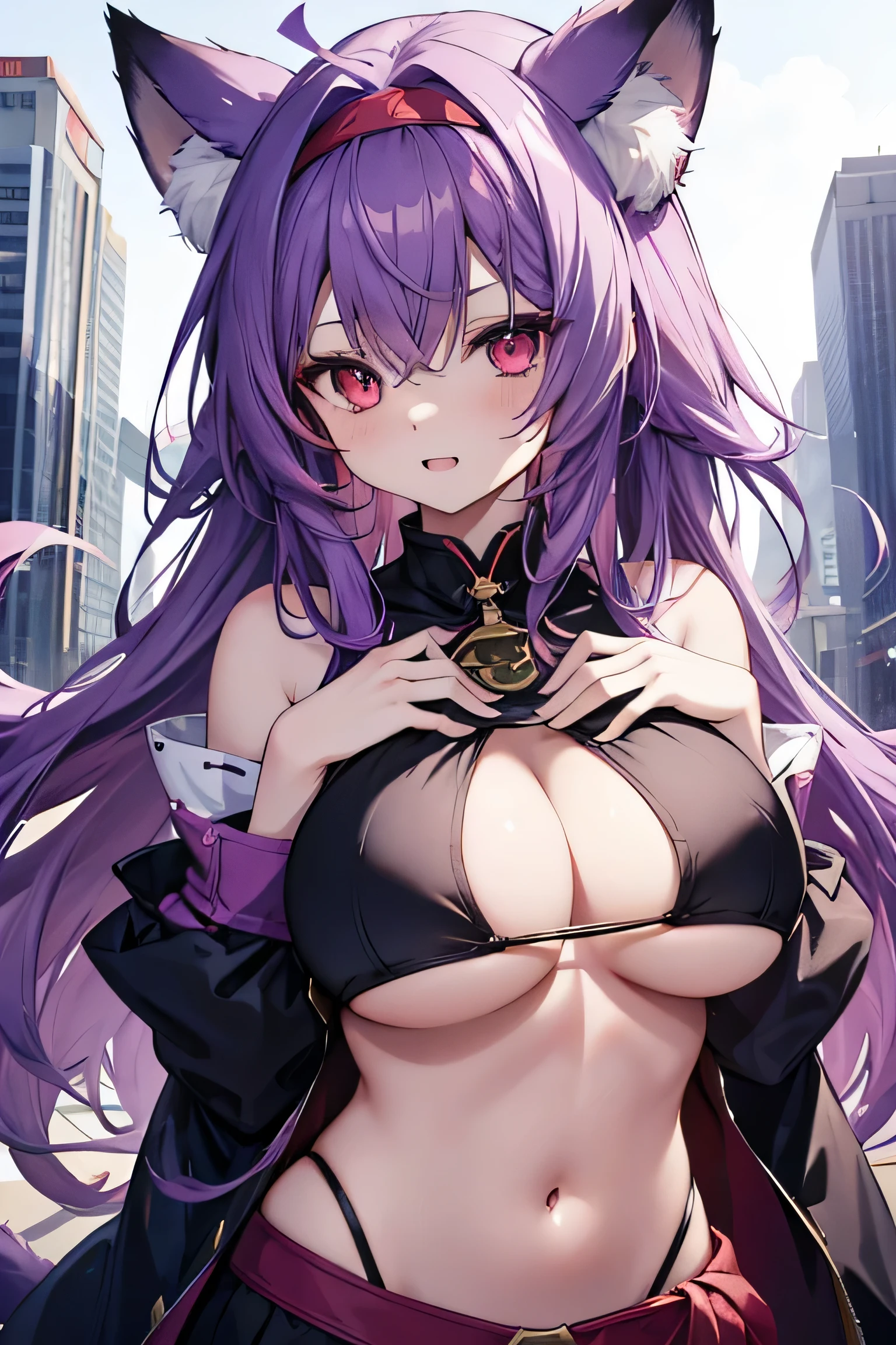 Fox Girl, Large Breasts, Purple Hair, masterpiece , Red eyes, hd, Head to Chest, buried in my chest、Underboob、black headband on head、Double teeth
