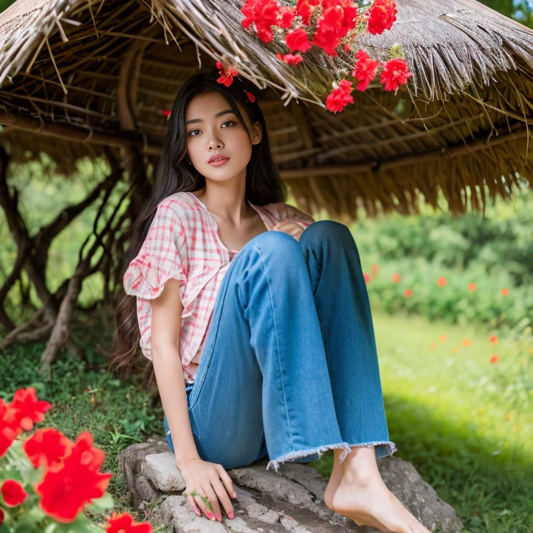 Best picture quality, Masterpiece, Ultra high resolution 8K, photograph, Asian girl wearing old, ripped, short jeans., Wears a short-sleeved shirt with a red, blue, and pink plaid pattern. The abdomen is strong and beautiful.;) Long hair blows up in the wind.,) Looking straight ahead,) Natural countryside with an old thatched hut with yellow and red flowers all around. The sunlight shone brightly.,.. Picture clarity 8k, Taken with a high quality camera 45,000,000 pixels