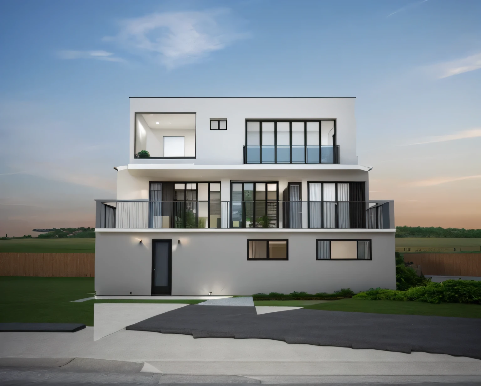 Exterior of house, mordern material decorations, glass railing, glass door and window with black mullion for door and window, (a road in front of house:1.3), tree, sky, cloud, morning weather.