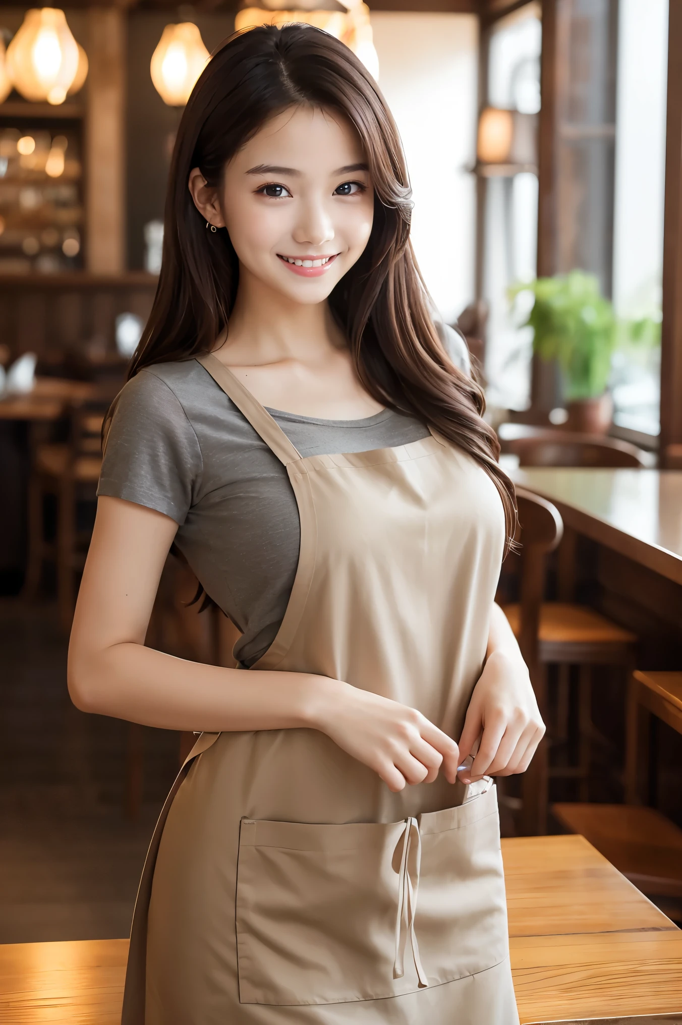 (highest quality、Tabletop、8k、Best image quality、Award-winning works)、Woman working in a café、The perfect brown apron、A classy shirt and apron、Big Breasts、(Accentuate your body lines:1.1)、beautiful woman portrait、The most elegant and cozy cafe、The most natural cafe, Perfectly organized、The most atmospheric and warm lighting、A stylish and elegant cafe、Strongly blurred background、Look at me and smile、Accurate anatomy、Ultra high resolution perfect beautiful teeth、Ultra-high definition beauty face、Ultra HD Hair、Ultra-high definition sparkling eyes、Shining Ultra-High Quality Beautiful Skin、Ultra-high quality glossy lips