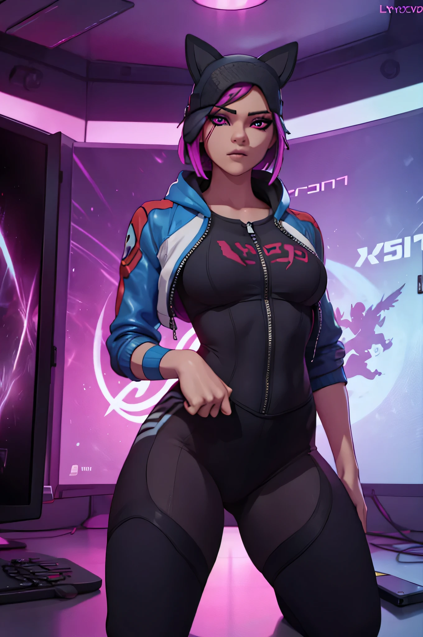Gaming Zone Lynx chaqueta ?????, guantes sin dedos, Leggings negros, ojos finos Claros , neon, pose heroico 