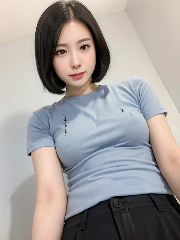 (kawaii 24 year-old Japanese girl, Nogizaka idol, Korean idol), (glossy black hair, messy very short hair, messy pixie cut, symmetric hair length, even length hair edges:1.3), (forehead), (extra rounded face, black eyes, single eyelid, no makeup, soft smiling:1.2), (wearing light blue t-shirt:1.3), (flat chest, extra small breasts:0.8), (looking at viewer:1.2), BREAK, (simple white background:1.3), (angle from below, portrait:1.3), BREAK, (masterpiece, best quality, photo realistic, official art:1.4), (UHD, 8K quality wallpaper, high resolution, raw photo, golden ratio:1.2), (shiny skin), professional lighting, physically based rendering, award winning, (perfect anatomy, highly detailed skin, extremely detailed face and eyes), Carl Zeiss 85 mm F/1.4, depth of field, 1girl, solo,