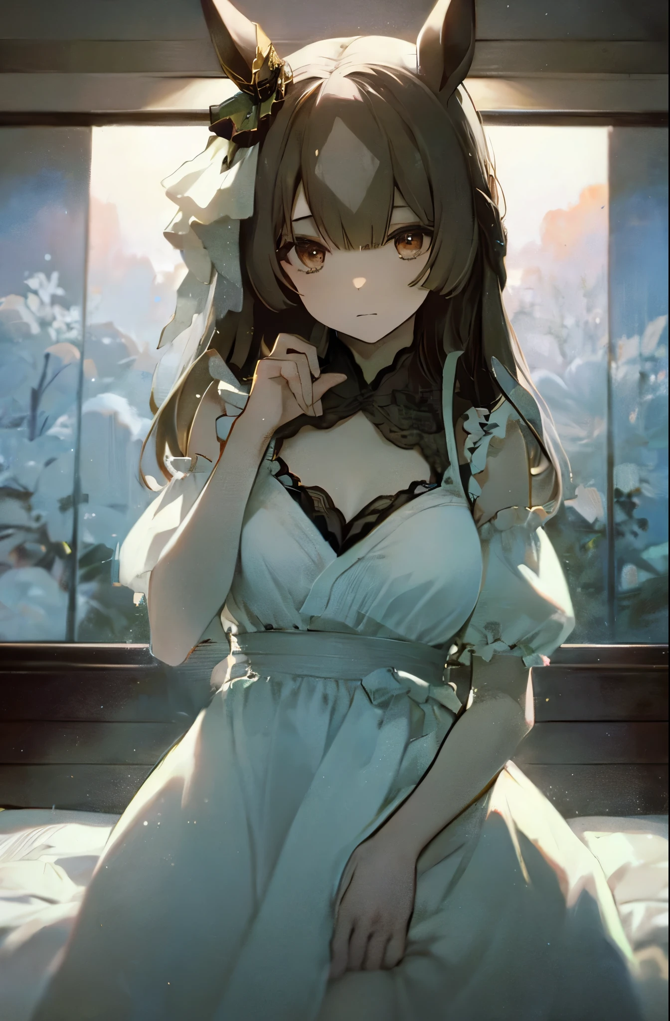 satono diamond,umamusume、The whole body is visible,Looking down from above at a girl in a maid outfit with a low neckline,white panty shot,Short,((Small Bust)),are on the bed,(highest quality、4k、8k、High Resolution、masterpiece:1.2)、Super detailed、(Photorealistic:1.37)、Portrait、Sharp Focus、feminine、delicate、White skin、Subtle curves、Gentle expression、Soft lighting、Bright colors、Artistic atmosphere,