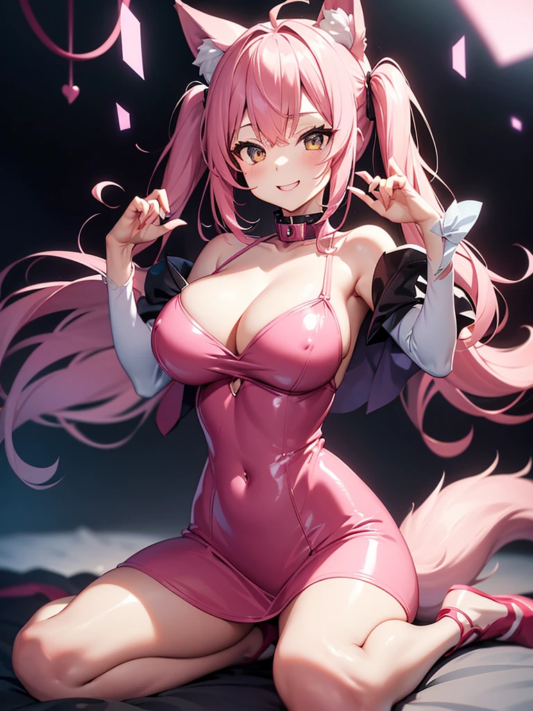 Happy , with wolf ears and pink hair, holding her cheeks, wolf tail, wearing a latex dress, looking at veiwer, full body, you can see her chest, naked breasts