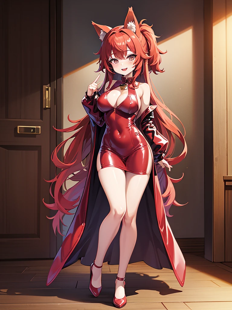 Happy woman, with wolf ears and red hair, holding her cheeks, wolf tail, wearing a latex dress, looking at veiwer, full body, you can see her chest, naked breasts