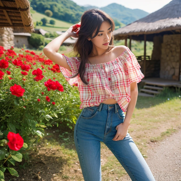 Best picture quality, Masterpiece, Ultra high resolution 8K, photograph, Asian girl wearing old, ripped, short jeans., Wears a short-sleeved shirt with a red, blue, and pink plaid pattern. The abdomen is strong and beautiful.;) Long hair blows up in the wind.,) Looking straight ahead,) Natural countryside with an old thatched hut with yellow and red flowers all around. The sunlight shone brightly.,.. Picture clarity 8k, Taken with a high quality camera 45,000,000 pixels