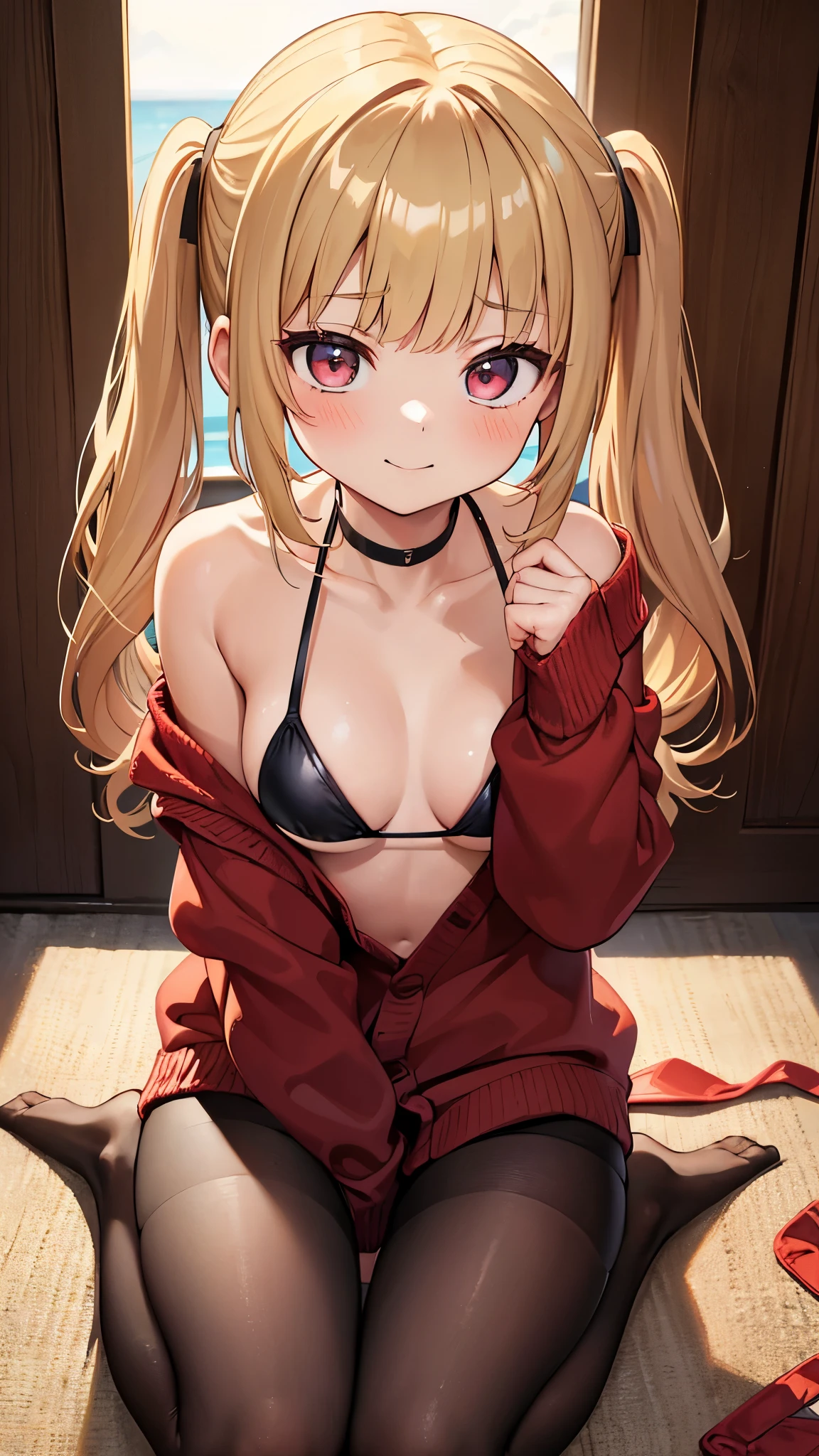 Kneel、Wearing a dark red cardigan(highest quality))、((masterpiece)、real skin glow、((((13-year-old girl))))、Close-up image of a loser with short blonde pigtails looking up from a basement on a tropical beach)、(opaque bikini)、The chest area is covered in fishnet stockings.。Sexy pose、My breasts have gotten bigger、sunset、smile、((1. Glowing Skin.7))