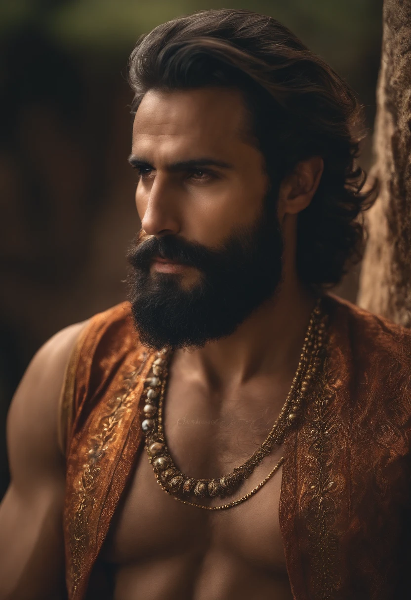 homem de barba sem camisa vestido de farao com roupas com detalhes dourados as peramides de fundo