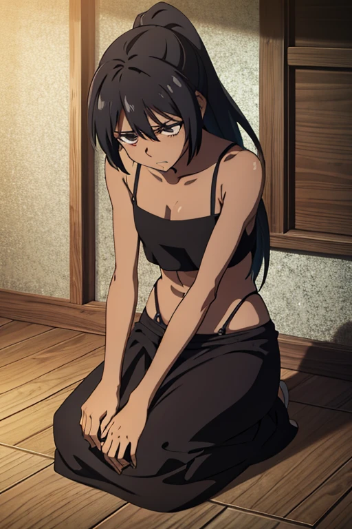 Tanned skinned anime girl, slender yet curved figure, long black wavy hair tied up in a high ponytail, wearing a plunge top and long skirt, extremely hungry and starving, her stomach distended and hands clutched in despair. Her expression is pained and worried, lying on the ground, a punishment for circumstances beyond her control. Ultra-detailed rendering, realistic, 4K resolution, atmospheric lighting, muted earthy tones, textures conveying the girl's tanned and parched skin. The plunge top has detailed patterns, the long skirt have detailed folds. Dynamic shadows and soft highlights capture her lean form and amplify