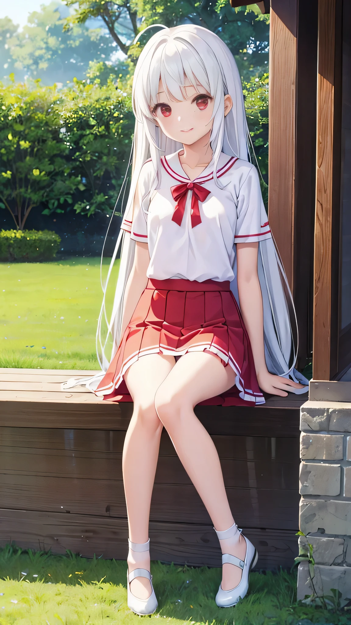 Very cute girl、(11 years old)、white hair、Long Straight Hair、Very cute girl、(14 years old)、Glowing red eyes)、Bangs are too close to the eye、(Normal human ear)、Thin arms、Beautiful body、Slim legs、Shapely breasts、Transparent white skin、smile、(T-Shirtini skirt、White and blue)、I know the shape of the nipples、(rose garden)、Ultra HD、Digital SLR,Sit on、