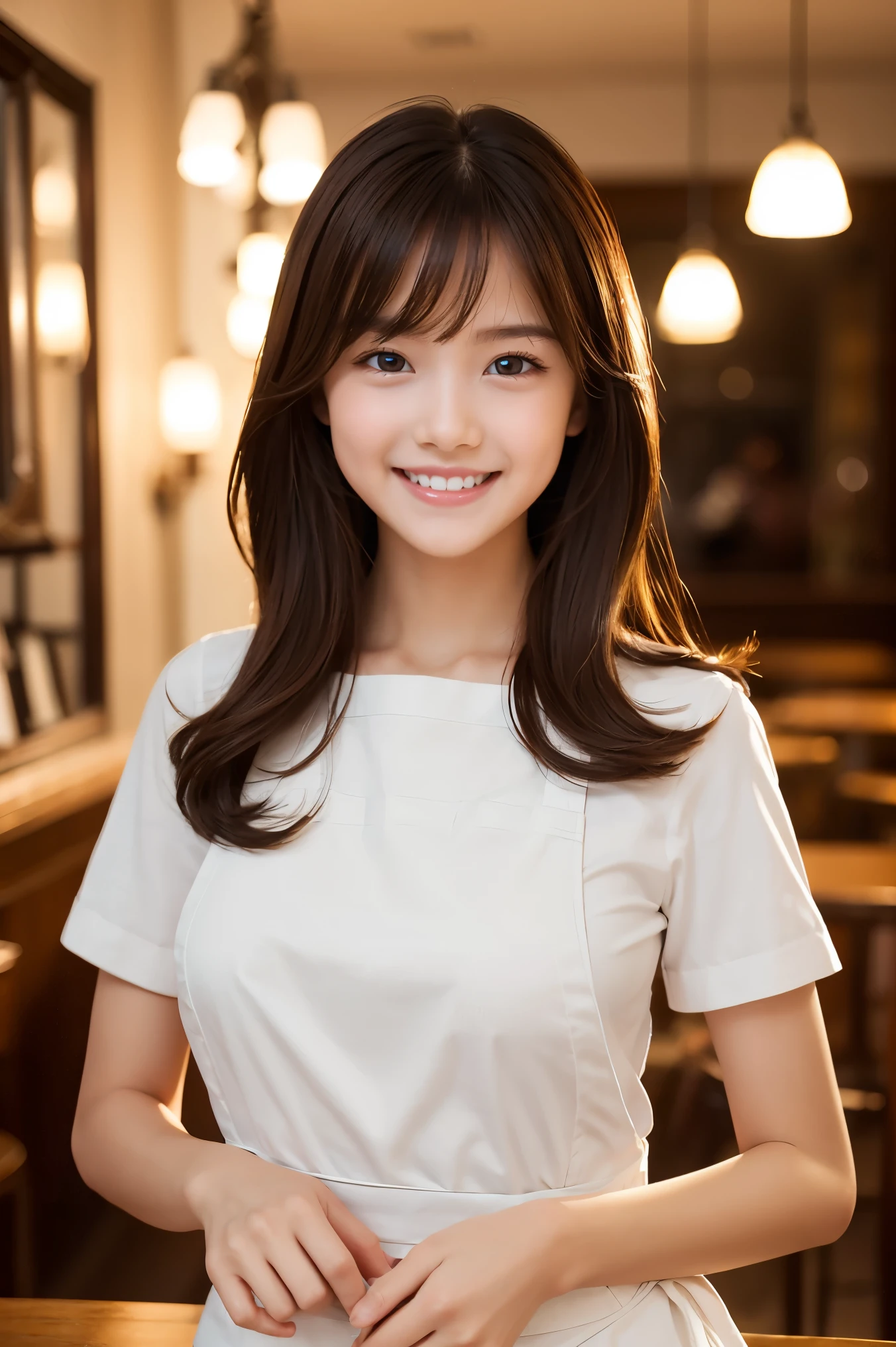 (highest quality、Tabletop、8k、Best image quality、Award-winning works)、Woman working in a café、The perfect brown apron、A classy shirt and apron、Big Breasts、(Accentuate your body lines:1.1)、beautiful woman portrait、The most elegant and cozy cafe、The most natural cafe, Perfectly organized、The most atmospheric and warm lighting、A stylish and elegant cafe、Strongly blurred background、Look at me and smile、Accurate anatomy、Ultra high resolution perfect beautiful teeth、Ultra-high definition beauty face、Ultra HD Hair、Ultra-high definition sparkling eyes、Shining Ultra-High Quality Beautiful Skin、Ultra-high quality glossy lips