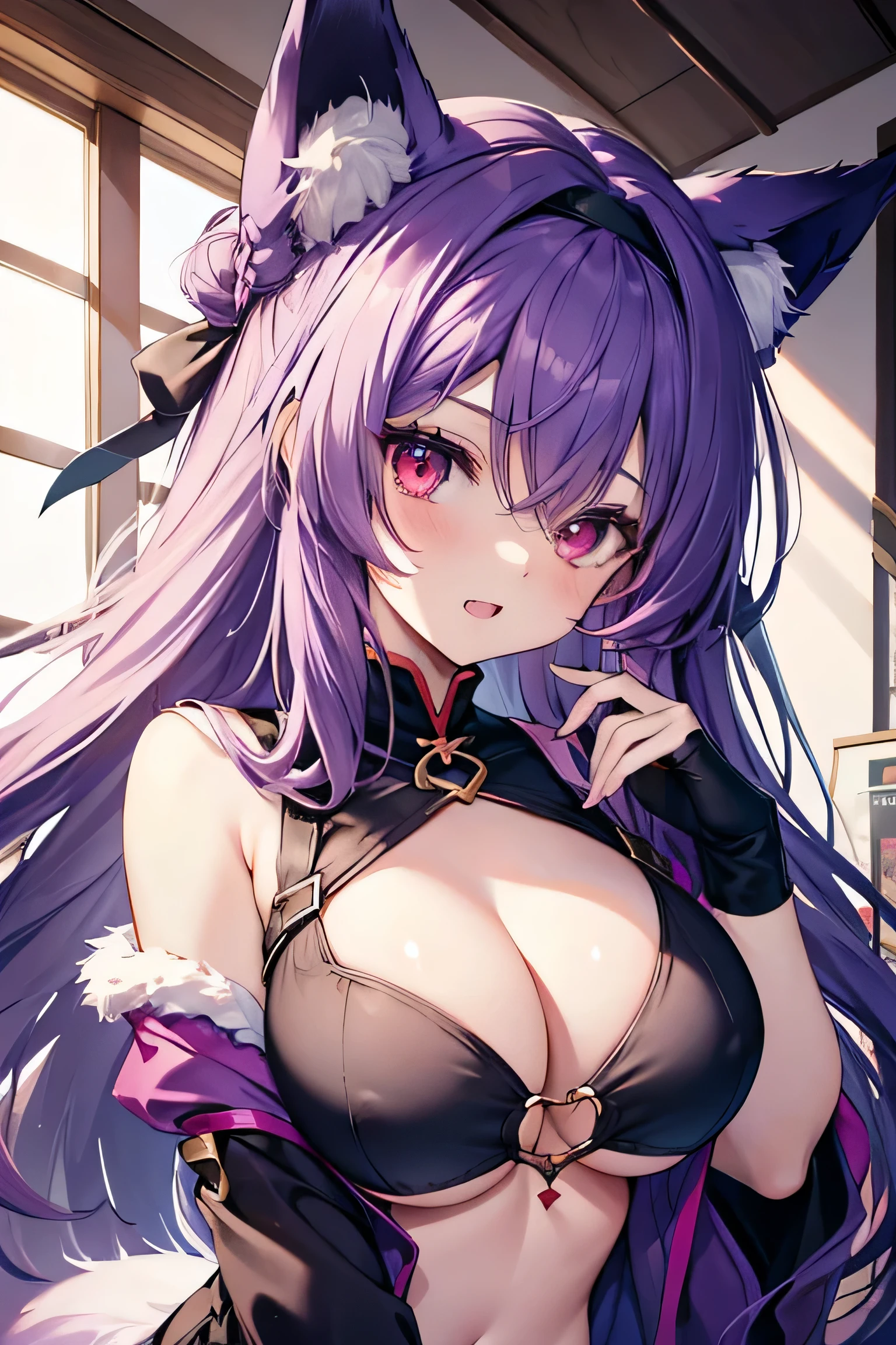 Fox Girl, Large Breasts, Purple Hair, masterpiece , Red eyes, hd, Head to Chest, buried in my chest、Underboob、black headband on head、tooth、Double teeth