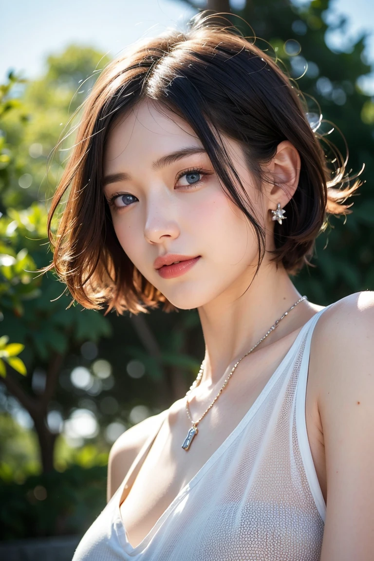 Save this image、correct number of fingers、Pale face and eyes:1.3、薄くてPale face and eyes:1.3, blue eyes:1.3、{highest quality}, {{masterpiece}}, {Very delicate and beautiful}, Outstanding light and shadow, Highly detailed wallpaper, Sunny and bright sunlight, whole body, whole body、 1 girl, , blush、Short Bob Hair, Strong sunlight, Black Nike Training Tops and Bottoms:1.3, Delicate Hair,Realistic skin texture, visible wrinkles on the skin., Broad shoulders, ((a strong light shines on your face)), color々Strike a Pose:1.5, necklace、ring、earrings、Toothy smile:1,5