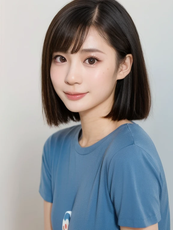 (kawaii 24 year-old Japanese girl, Nogizaka idol, Korean idol), (glossy black hair, messy very short hair, messy pixie cut, symmetric hair length, even length hair edges:1.3), (forehead), (extra rounded face, black eyes, single eyelid, no makeup, soft smiling:1.2), (wearing light blue t-shirt:1.3), (flat chest, extra small breasts:0.8), (looking at viewer:1.2), BREAK, (simple white background:1.3), (angle from below, portrait:1.3), BREAK, (masterpiece, best quality, photo realistic, official art:1.4), (UHD, 8K quality wallpaper, high resolution, raw photo, golden ratio:1.2), (shiny skin), professional lighting, physically based rendering, award winning, (perfect anatomy, highly detailed skin, extremely detailed face and eyes), Carl Zeiss 85 mm F/1.4, depth of field, 1girl, solo,