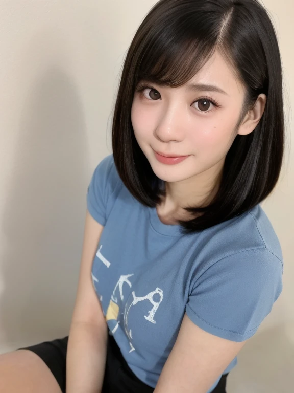 (kawaii 24 year-old Japanese girl, Nogizaka idol, Korean idol), (glossy black hair, messy very short hair, messy pixie cut, symmetric hair length, even length hair edges:1.3), (forehead), (extra rounded face, black eyes, single eyelid, no makeup, soft smiling:1.2), (wearing light blue t-shirt:1.3), (flat chest, extra small breasts:0.8), (looking at viewer:1.2), BREAK, (simple white background:1.3), (angle from below, portrait:1.3), BREAK, (masterpiece, best quality, photo realistic, official art:1.4), (UHD, 8K quality wallpaper, high resolution, raw photo, golden ratio:1.2), (shiny skin), professional lighting, physically based rendering, award winning, (perfect anatomy, highly detailed skin, extremely detailed face and eyes), Carl Zeiss 85 mm F/1.4, depth of field, 1girl, solo,