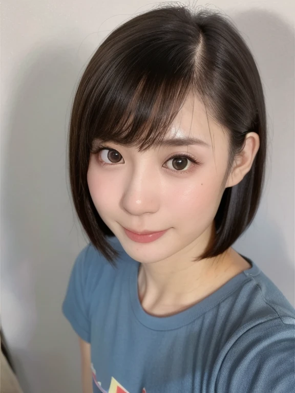 (kawaii 24 year-old Japanese girl, Nogizaka idol, Korean idol), (glossy black hair, messy very short hair, messy pixie cut, symmetric hair length, even length hair edges:1.3), (forehead), (extra rounded face, black eyes, single eyelid, no makeup, soft smiling:1.2), (wearing light blue t-shirt:1.3), (flat chest, extra small breasts:0.8), (looking at viewer:1.2), BREAK, (simple white background:1.3), (angle from below, portrait:1.3), BREAK, (masterpiece, best quality, photo realistic, official art:1.4), (UHD, 8K quality wallpaper, high resolution, raw photo, golden ratio:1.2), (shiny skin), professional lighting, physically based rendering, award winning, (perfect anatomy, highly detailed skin, extremely detailed face and eyes), Carl Zeiss 85 mm F/1.4, depth of field, 1girl, solo,