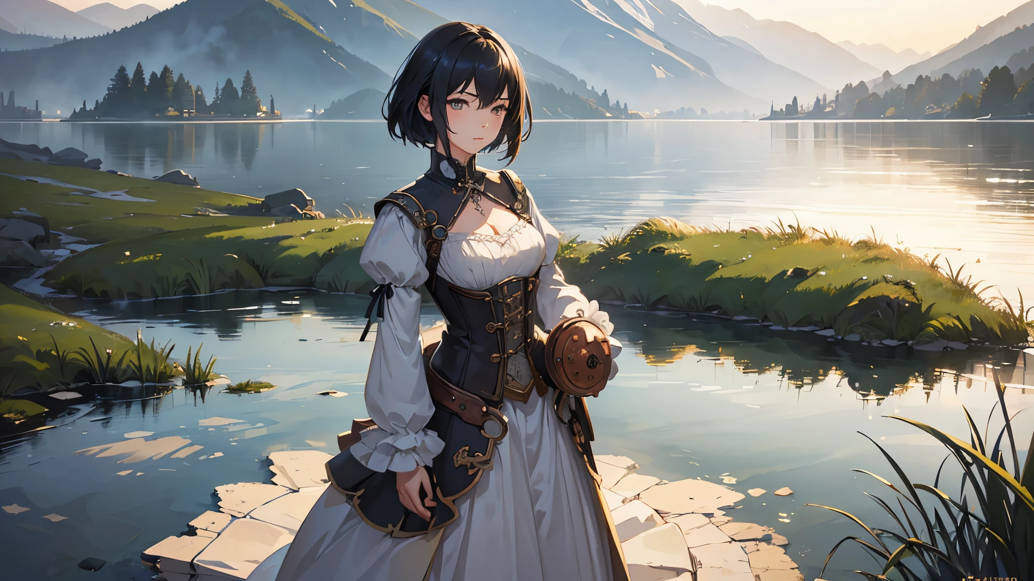 (highest quality、High resolution、masterpiece)、(Anime Art 4k)、(Photorealistic)、(Adventure Story)、Portraiture、 (whole body)、(1 person)、20-year-old woman、( A woman in armor standing on top of a hill)、Beautiful Face、 (Facial detailing)、Long-term、Black Hair、 short hair、 Beautiful Hair、Shiny Hair、(Style your hair、Combing hair)、Skin Texture、Slim figure、Small breasts、lace up bodice dress、(steampunk)、Cinema Lighting、Ray Tracing、Soft Light、Landscape painted on a foggy morning、outside of home、Nice views、Lake and mountains in the distance background々、(Sargent-style watercolor)、(Edmund Leighton Style)、