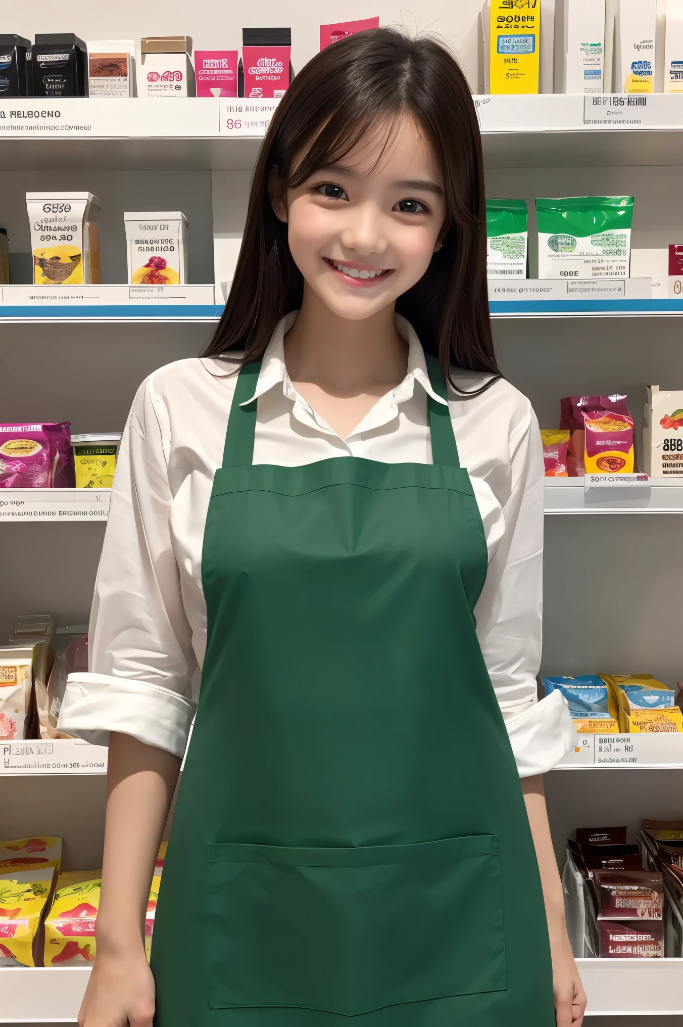 (highest quality、Tabletop、8k、Best image quality、Award-winning works)、a woman working at a convenience store、(The most natural and perfect plain green simple apron:1.3)、(simple green apron:1.2)、classy shirt、(Big Breasts:1.1)、(Accentuate your body lines:1.1)、(Standing Elegantly:1.1)、beautiful woman portrait、The most natural and perfectly organized convenience store、Convenience store shelves in the background、perfectly organized shelves、Regularly arranged shelves of natural products、(very bright and vivid:1.2)、Strongly blurred background、look at me and smile、(Accurate anatomy:1.1)、Ultra high resolution perfect beautiful teeth、Ultra-high definition beauty face、Ultra HD Hair、Ultra-high definition sparkling eyes、(輝く超高解像度のGlowing Beautiful Skin:1.3)、(Glowing Beautiful Skin:1.2)、Ultra-high quality glossy lips