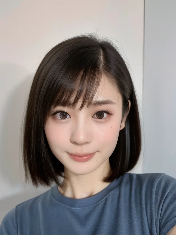 (kawaii 24 year-old Japanese girl, Nogizaka idol, Korean idol), (glossy black hair, messy very short hair, messy pixie cut, symmetric hair length, even length hair edges:1.3), (forehead), (extra rounded face, black eyes, single eyelid, no makeup, soft smiling:1.2), (wearing light blue t-shirt:1.3), (flat chest, extra small breasts:0.8), (looking at viewer:1.2), BREAK, (simple white background:1.3), (angle from below, portrait:1.3), BREAK, (masterpiece, best quality, photo realistic, official art:1.4), (UHD, 8K quality wallpaper, high resolution, raw photo, golden ratio:1.2), (shiny skin), professional lighting, physically based rendering, award winning, (perfect ???????, highly detailed skin, extremely detailed face and eyes), Carl Zeiss 85 mm F/1.4, depth of field, 1girl, solo,