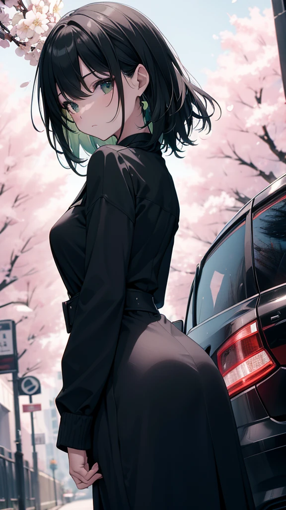 Cool woman, upper chest shot, Monochrome, black, green, back ground in black, everyday scenery, From the back, look up, blurred background, car,cherry blossoms