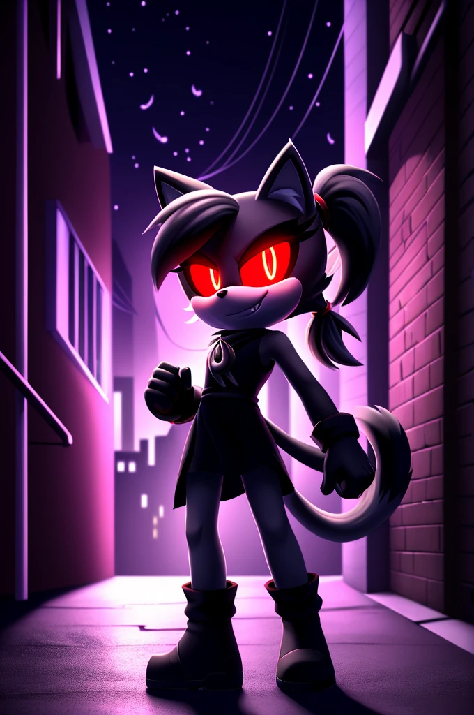 (((masterpiece))), High quality, studio quality, dark colors, 4k, solo character, mobian, wispy grey and black fur, female cat demon, wispy and smoky fur, 3 raised ponytails sticking up, evil smile, triumphant pose, bright red glowing eyes, in the back of a dark city alleyway, nighttime, digital art