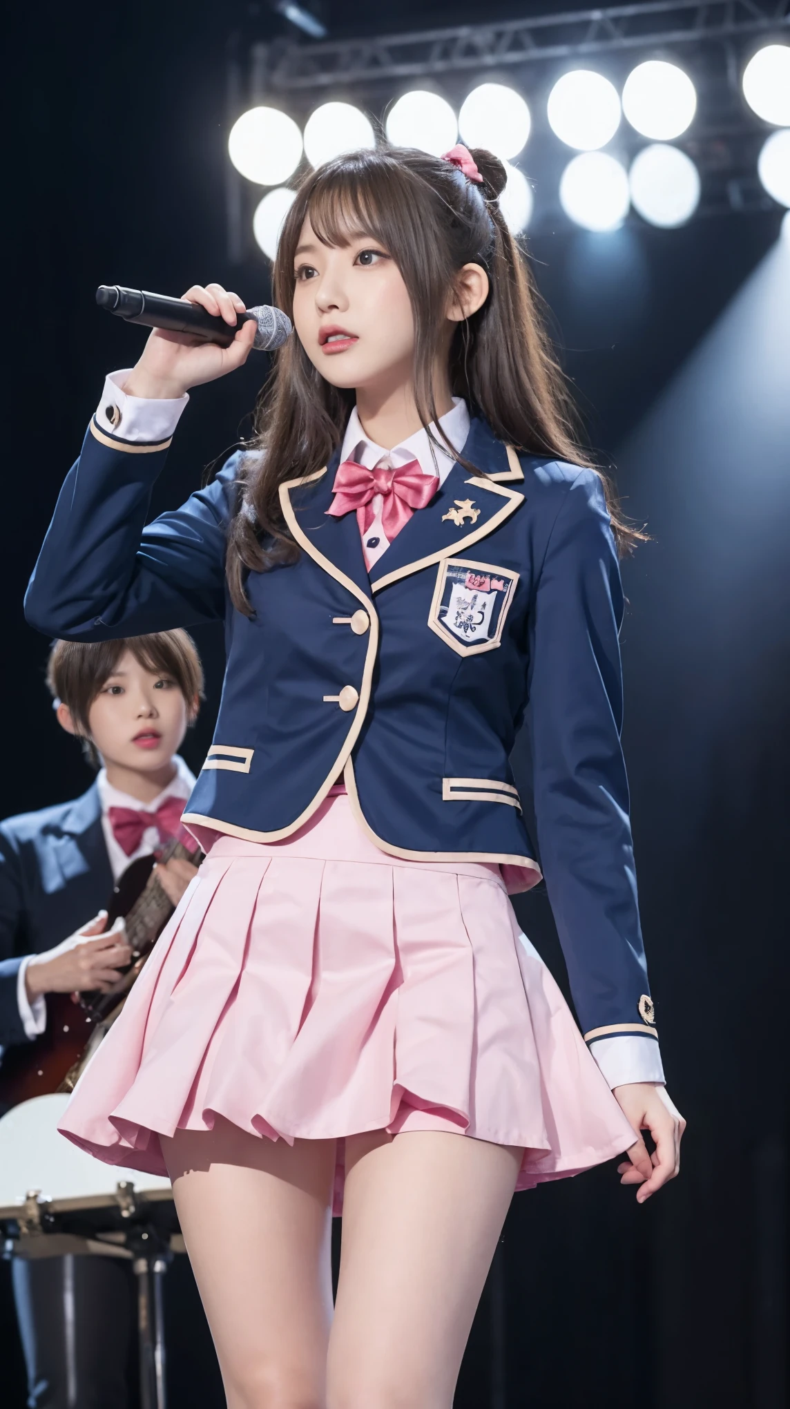 Dogenzaka 69,High school girl uniform live costume,Pink and navy square patterned high school girl's uniform miniskirt,Navy blue uniform jacket,Three girl idols,Concert Venues