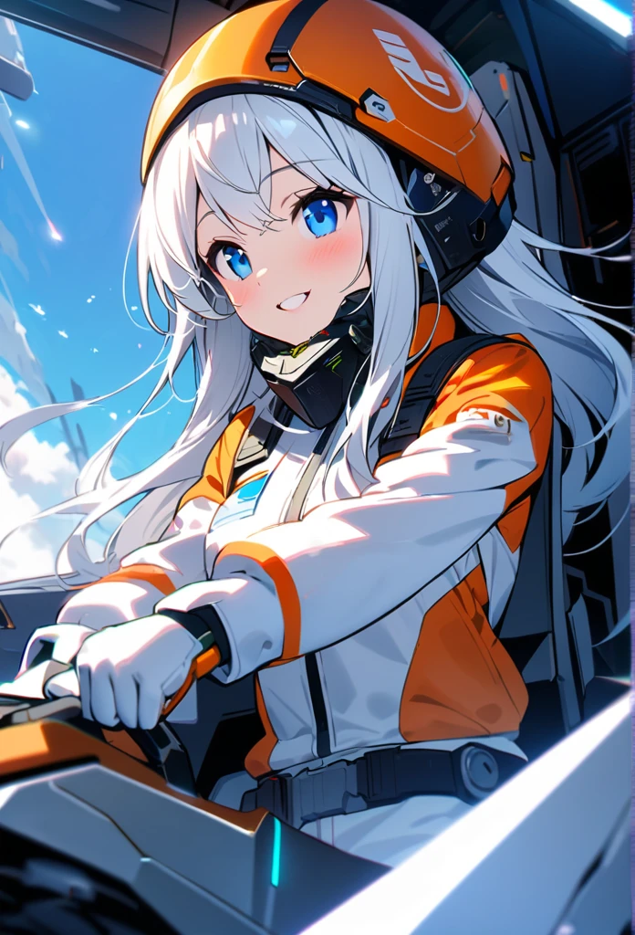 High quality, high definition images, full HD、
8k.1 girl( white long hair),Futuristic fighter pilot,black and white pilot suit,blue eyes,One maintenance worker, about to enter the cockpit.Maintenance crew like f22The canopy is up, smiles at the maintenance man,
