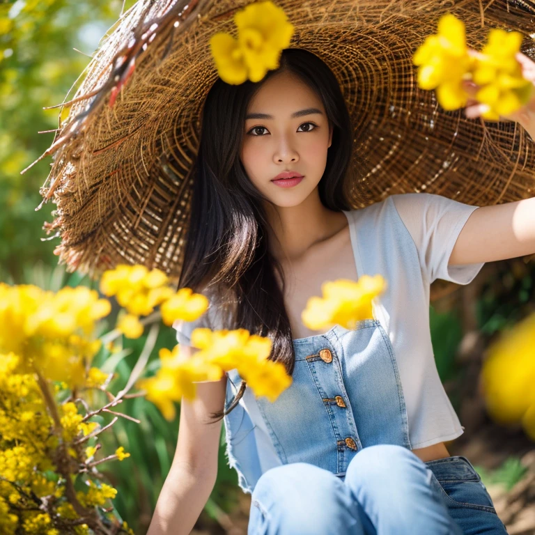 Best picture quality, Masterpiece, Ultra high resolution 8K, photograph, Asian girl wearing old, ripped, short jeans., Wears a short-sleeved shirt with a red, blue, and pink plaid pattern. The abdomen is strong and beautiful.;) Long hair blows up in the wind.,) Look straight at the camera intently.,) Natural countryside with an old thatched hut with yellow and red flowers all around. The sunlight shone brightly.,.. Picture clarity 8k, Taken with a high quality camera 45,000,000 pixels