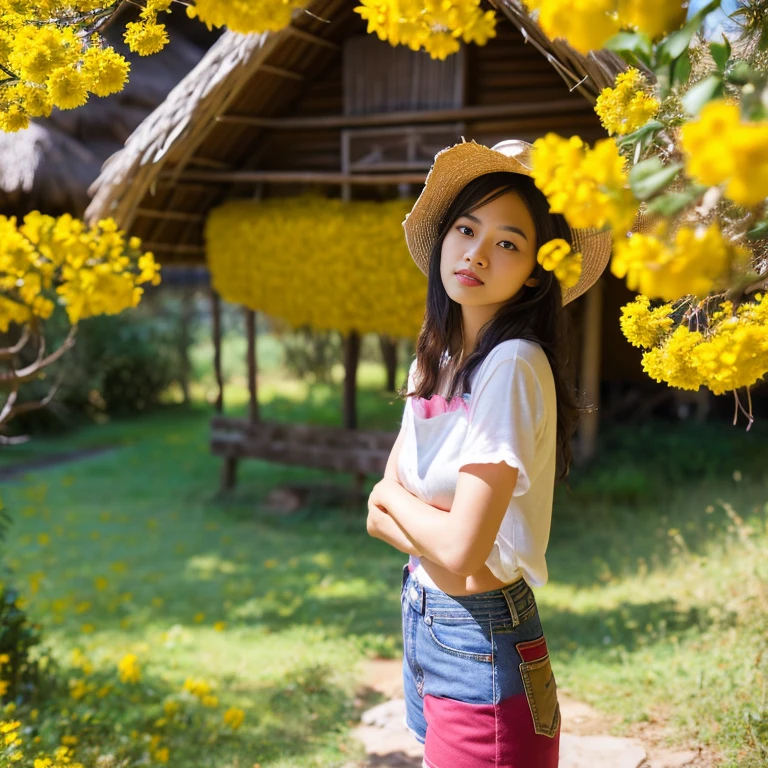 Best picture quality, Masterpiece, Ultra high resolution 8K, photograph, Asian girl wearing old, ripped, short jeans., Wears a short-sleeved shirt with a red, blue, and pink plaid pattern. The abdomen is strong and beautiful.;) Long hair blows up in the wind.,) Look straight at the camera intently.,) Natural countryside with an old thatched hut with yellow and red flowers all around. The sunlight shone brightly.,.. Picture clarity 8k, Taken with a high quality camera 45,000,000 pixels