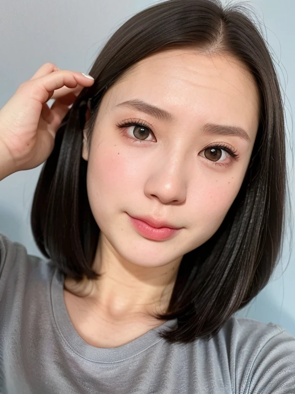 (kawaii 24 year-old Japanese girl, Nogizaka idol, Korean idol), (glossy black hair, messy very short hair, messy pixie cut, symmetric hair length, even length hair edges:1.3), (forehead), (extra rounded face, black eyes, single eyelid, no makeup, soft smiling:1.2), (wearing light blue t-shirt:1.3), (flat chest, extra small breasts:0.8), (looking at viewer:1.2), BREAK, (simple white background:1.3), (angle from below, portrait:1.3), BREAK, (masterpiece, best quality, photo realistic, official art:1.4), (UHD, 8K quality wallpaper, high resolution, raw photo, golden ratio:1.2), (shiny skin), professional lighting, physically based rendering, award winning, (perfect anatomy, highly detailed skin, extremely detailed face and eyes), Carl Zeiss 85 mm F/1.4, depth of field, 1girl, solo,