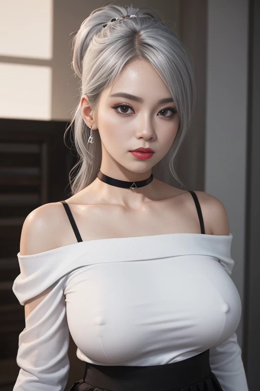 best quality, ultra high res, (photorealistic:1.4), 1 woman , off shoulder white shirt, black tight skirt, black choker, (faded ash gray hair:1), (huge breasts:1.2), looking at viewer, closeup lora:koreandolllikeness v20:0.66