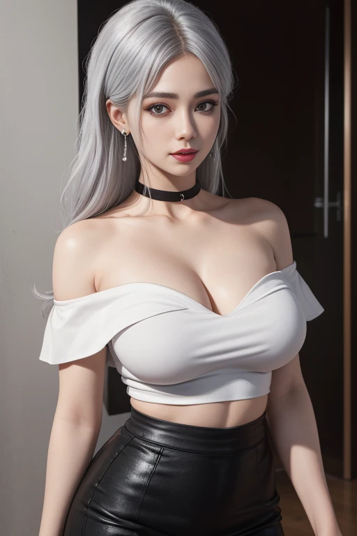 best quality, ultra high res, (photorealistic:1.4), 1girl, off-shoulder white shirt, black tight skirt, black choker, (seductive), (huge breasts:1.7), looking at viewer, closeup, ((bangs, multicolored hair, gradient hair, two-tone hair, silver hair, pink hair, blue hair:1.2))