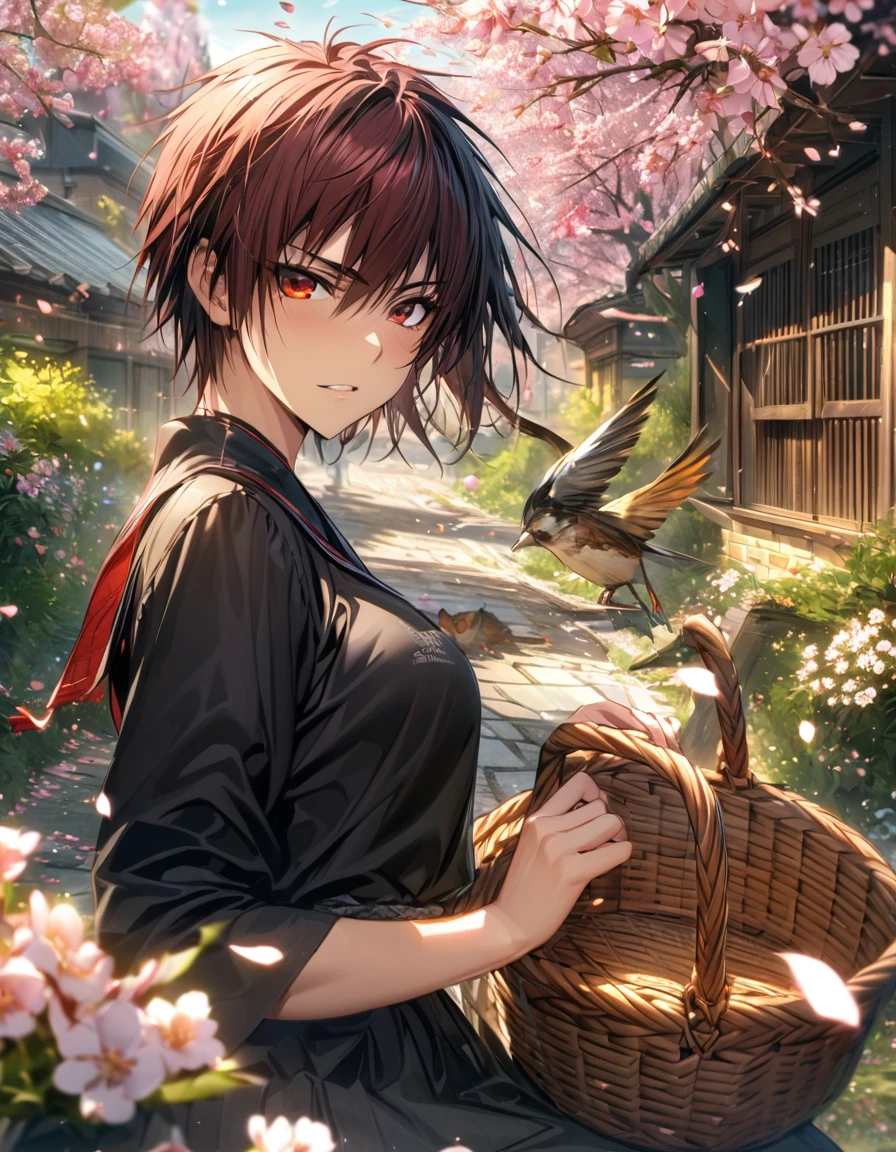 absurdres, highres, ultra detailed, HDR, masterpiece, extremely detailed face and eyes, Kagami Taiga, red short hair with black bangs, expressive red eyes, Kuroko No Basket, spring, blossoms, petals, birds
