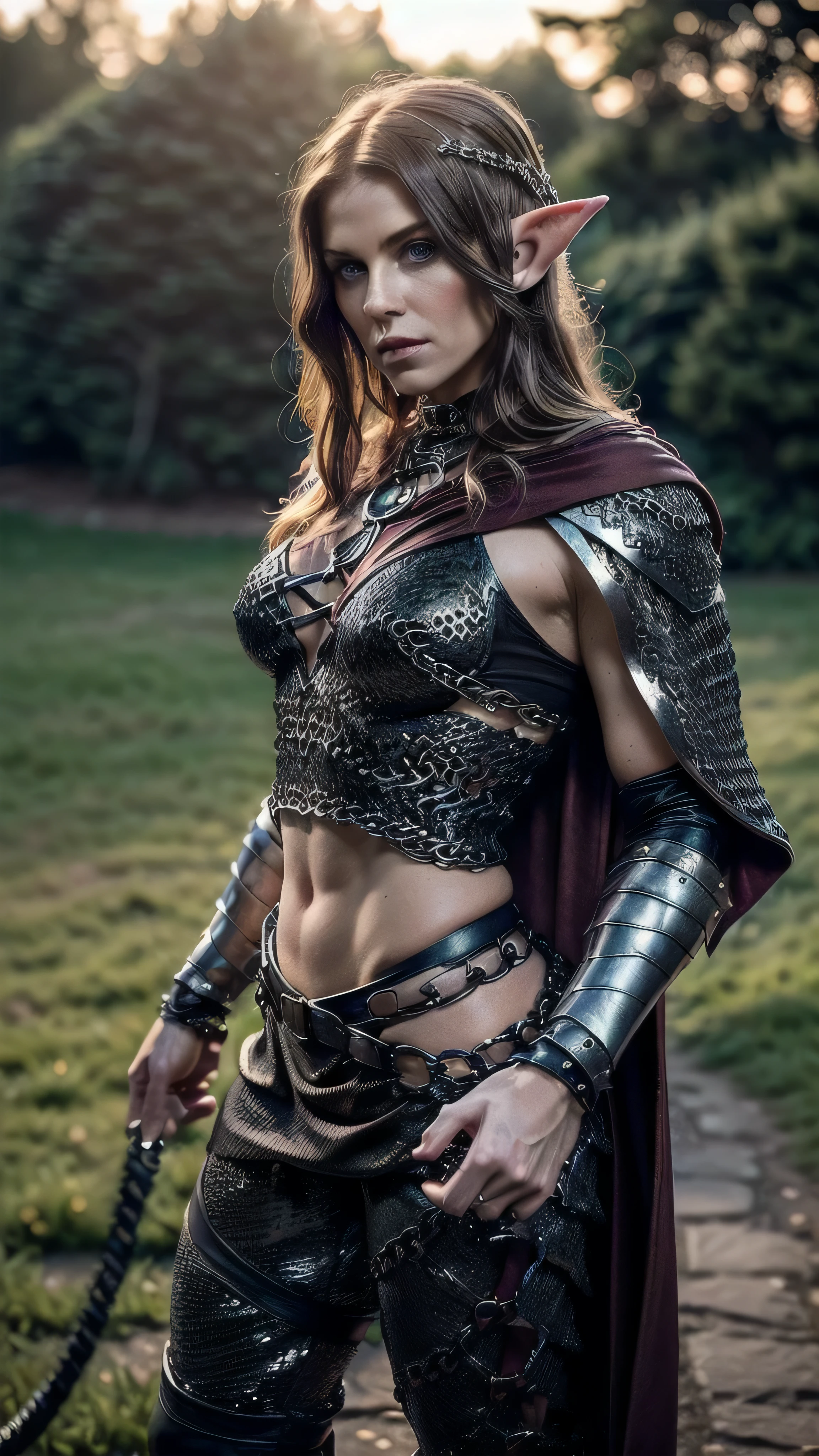 (masterpiece), (extremely intricate:1.3), (realistic), portrait of a muscular bodybuilder girl, (((medieval armor:1.6 ((matte black perfectchainmail, elf, elven), maroon cape, metal pants, portrait, (bullwhip)), wind blown blowing [green hair:dark hair:0.6])), tattoo:1.0), metal reflections, upper body, outdoors, intense sunlight, far away waterfall, professional photograph of a stunning woman detailed, ((short undercut shaved hair, dynamic pose)), sharp focus, dramatic, award winning, cinematic lighting, volumetrics dtx, (film grain, blurry background, blurry foreground, bokeh, depth of field, sunset, interaction), 8K